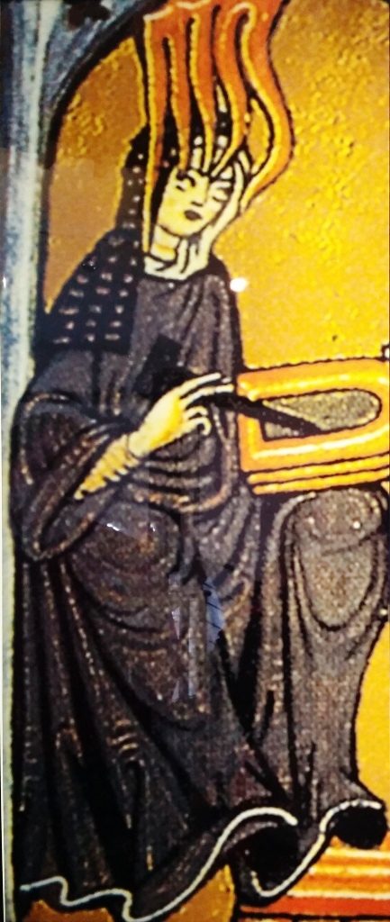 Ilustracja ze "Scivias" przedstawiająca Hildegardę zapisującą na tabliczce treści, które otrzymuje z góry pod wpływem Bożego natchnienia.
