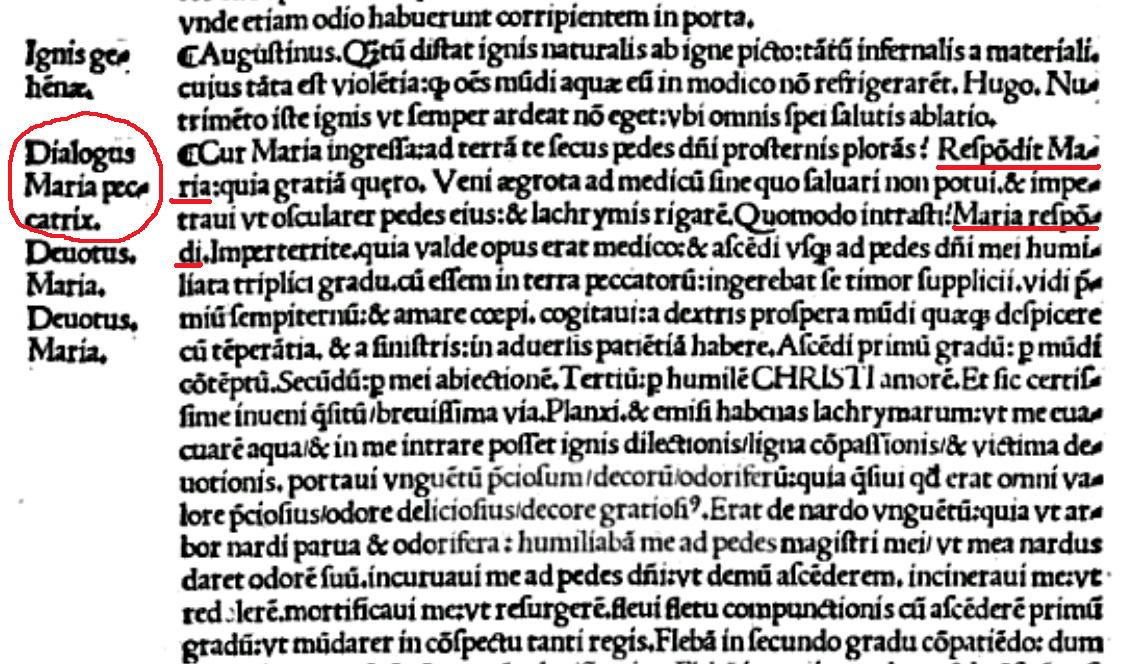 Fragment dialogu pochodzący z bazylejskiego wydania dzieł Mikołaja z Kuzy (1565). Zaznaczone zostały wskaźniki dialogu.